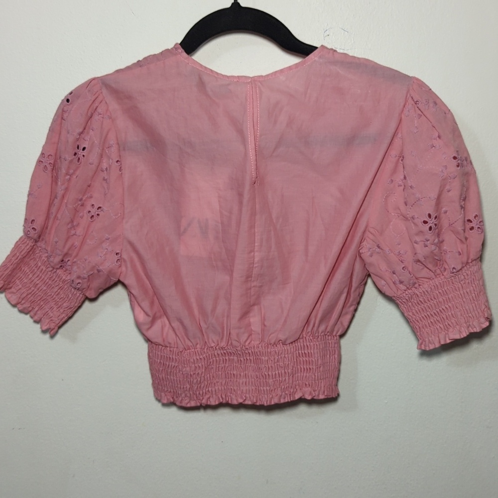 Zara Embroidered Eyelet Puff Sleeve Smocked Cropped Blouse Pink NEW Size XS - Picture 7 of 7